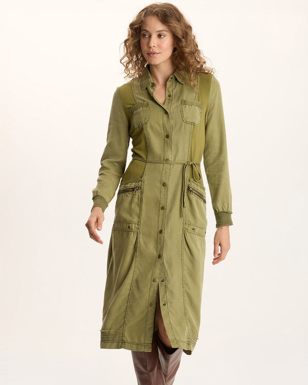 Oksana Dress in green soft twill with button front, tie waist, and patch pockets by XCVI