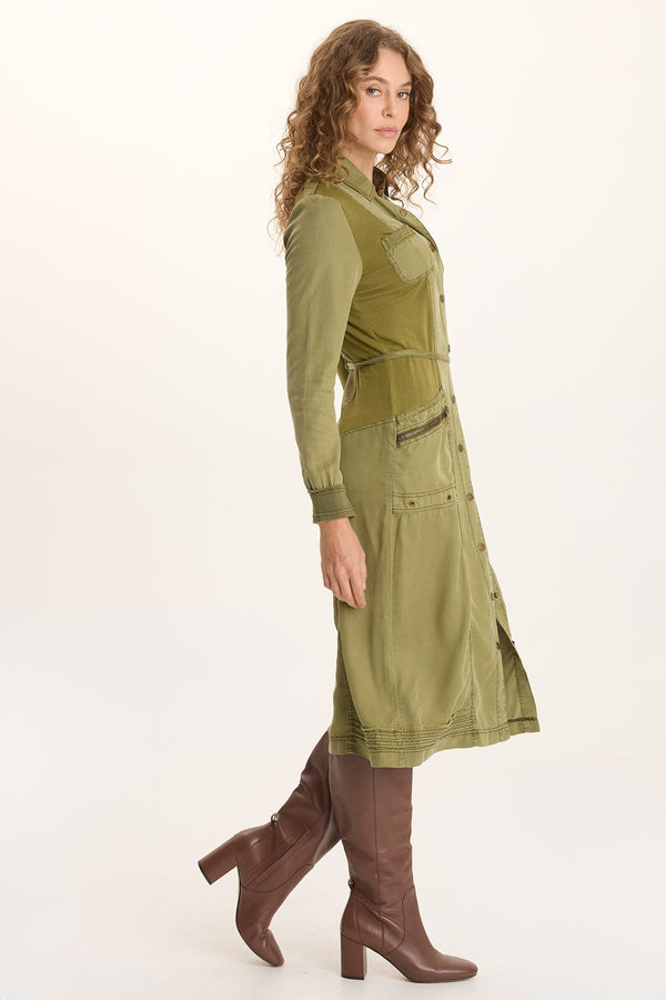 Oksana Dress in green soft twill with button front and patch pockets styled with brown boots by XCVI