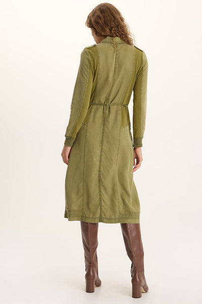 Oksana Dress in green soft twill with back seam detailing and adjustable waist tie by XCVI