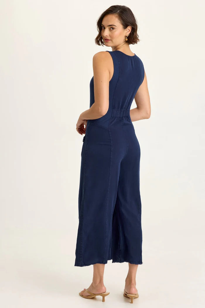 Linette Jumpsuit in navy Taissa Twill with contoured rib inserts and pleated cropped wide-leg