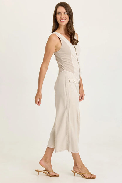 Linette Jumpsuit in beige Taissa Twill with pleated cropped wide-leg and flap pocket by XCVI