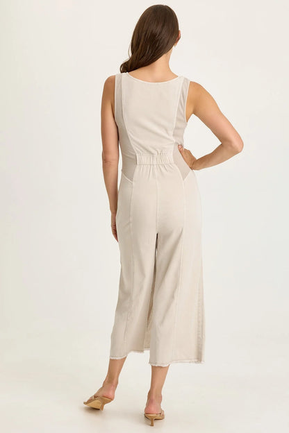 Linette Jumpsuit in beige Taissa Twill with ribbed sides and cropped wide-leg by XCVI