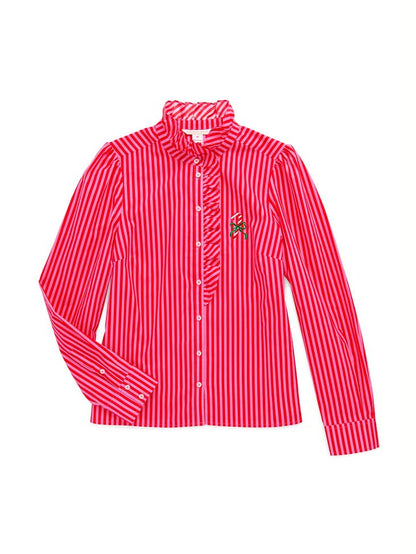 Candy Cane Ruffle Blouse with festive striped pattern and ruffle detail by SHIRALEAH, HCO collection