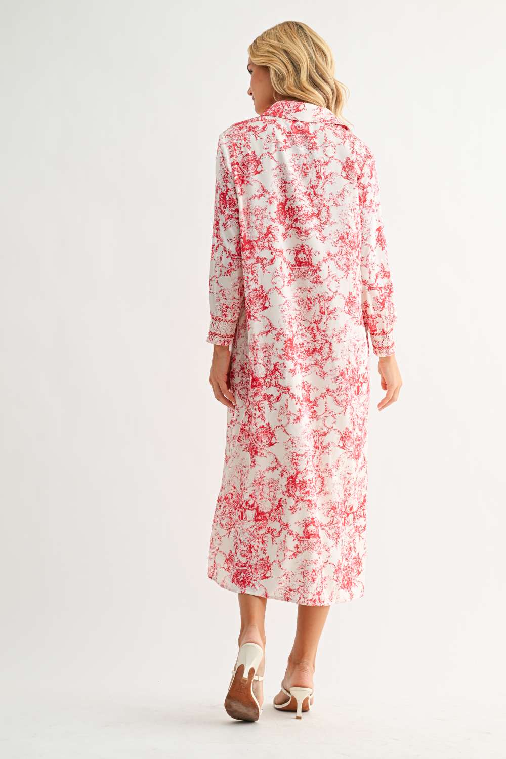 Janett Dress in red floral toile print with collared neckline, long cuffed sleeves by JOH APPAREL