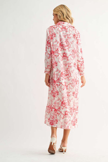 Janett Dress in red floral toile print with collared neckline, long cuffed sleeves by JOH APPAREL