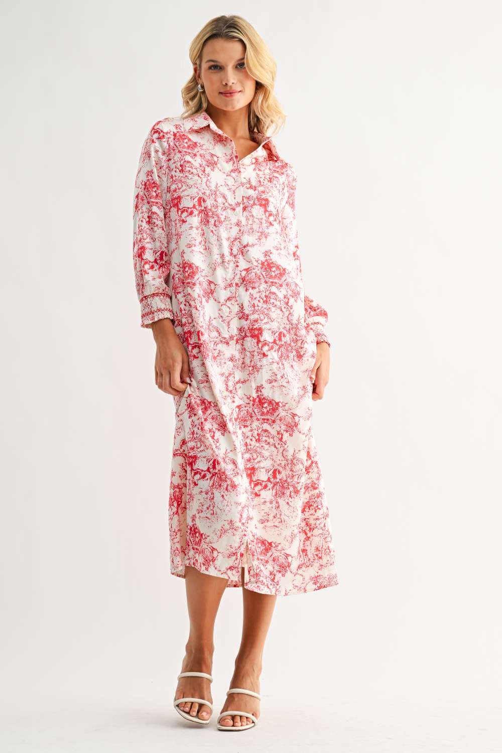 Janett Dress with red and white floral toile pattern, relaxed fit, button-down front, long sleeves
