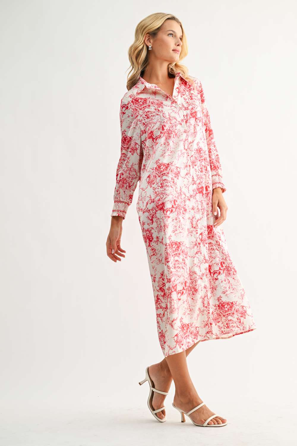 Janett Dress in red floral toile print with collared neck, cuffed long sleeves by JOH APPAREL