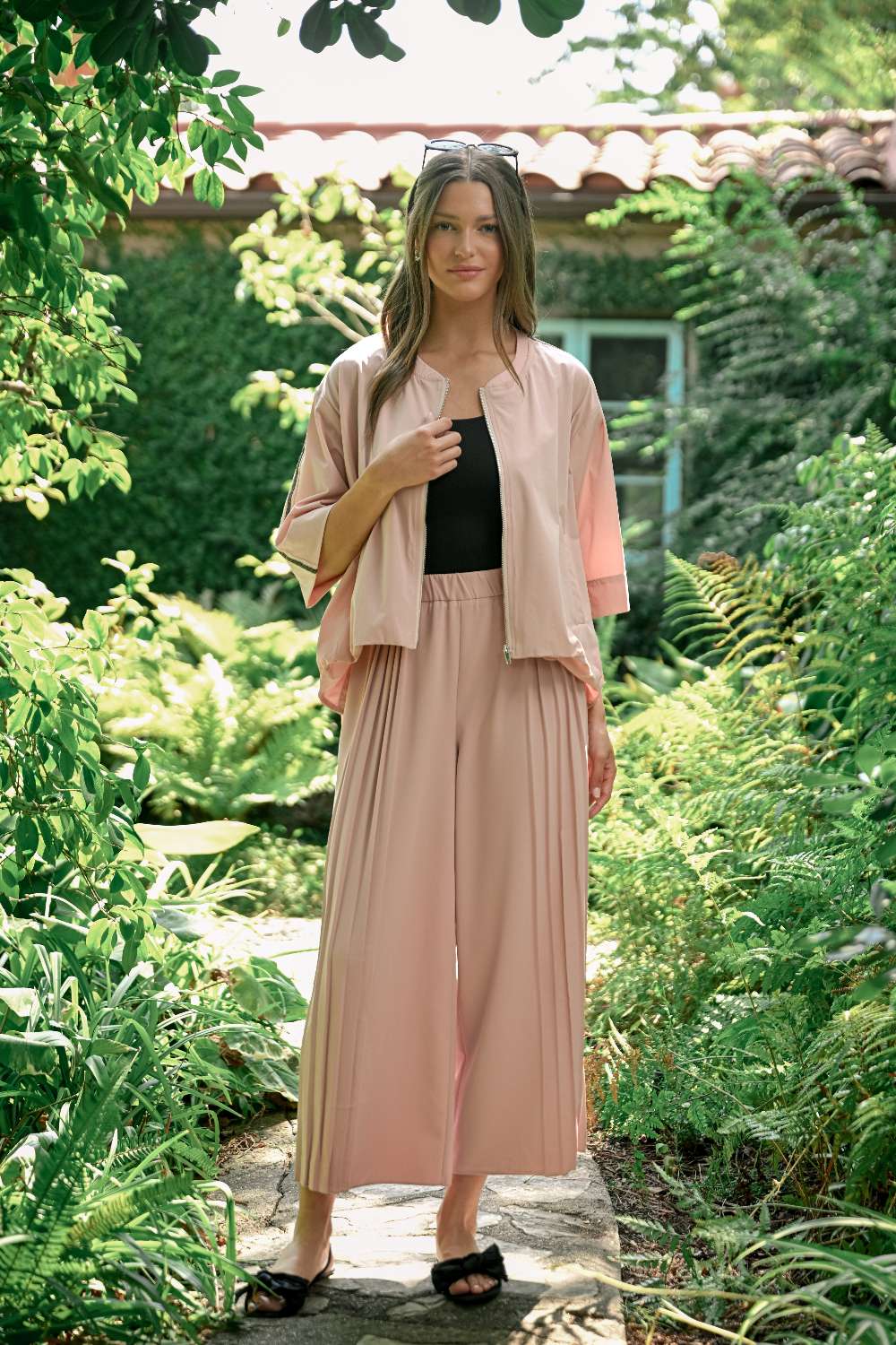 Jolie Top in blush woven parachute fabric with airy fit, wide sleeves, zipper by JOH APPAREL