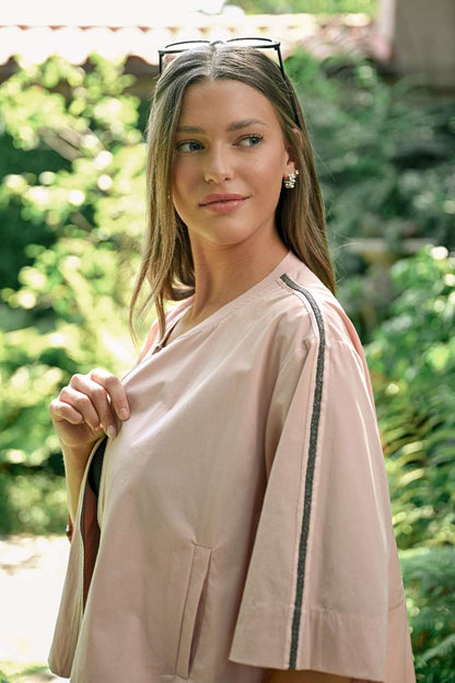 Jolie Top in blush woven parachute fabric with wide sleeves and subtle contrast stripe by JOH APPAREL