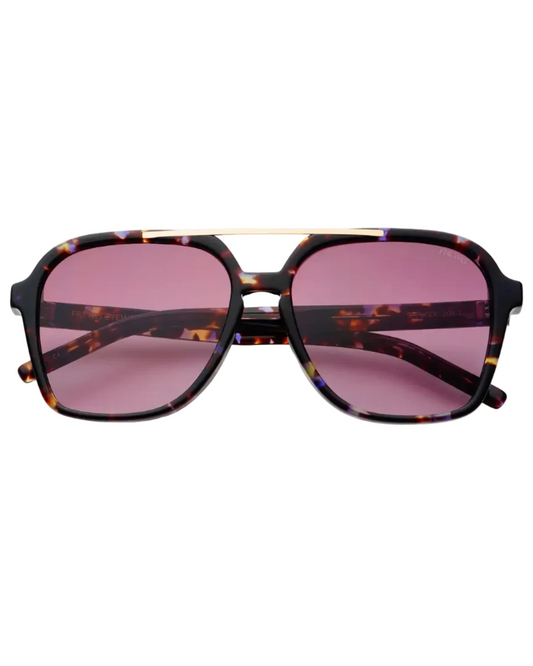 Spencer sunglasses with tortoiseshell frames, gold metal brow bar, and purple-tinted lenses, blending high-quality design with effortless Hill Country style.