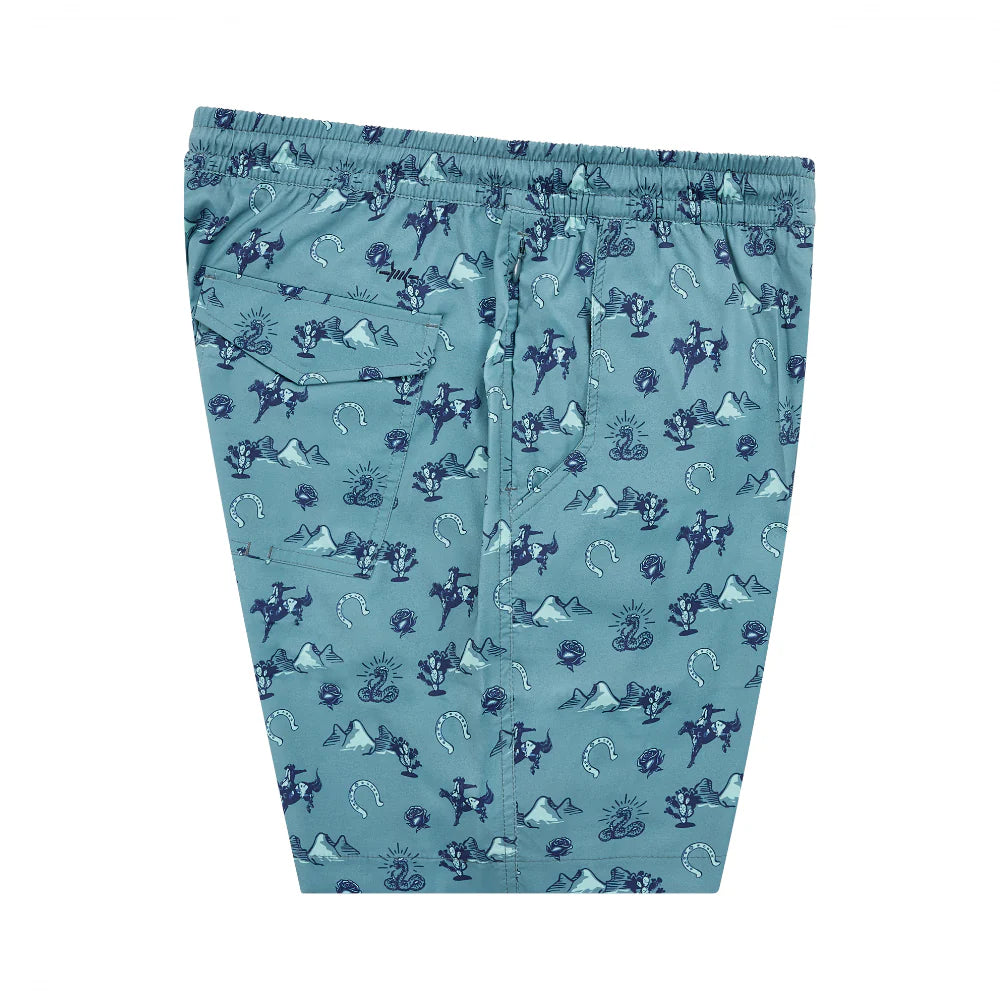 Waterloo Swim Shorts - Badlands Academy 7 in muted blue with geometric and animal patterns by TEXAS STANDARD