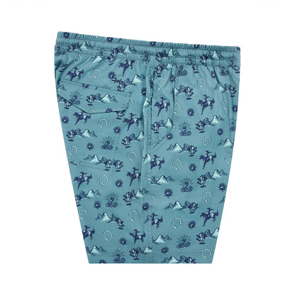 Waterloo Swim Shorts - Badlands Academy 7 in muted blue with geometric and animal patterns by TEXAS STANDARD