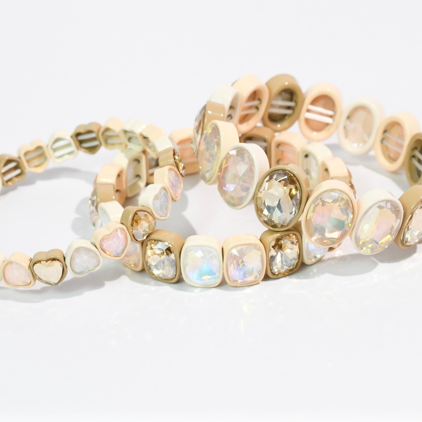 Nude Hearts Stack Set with gold tones and crystal hearts, personally curated in Fredericksburg TX