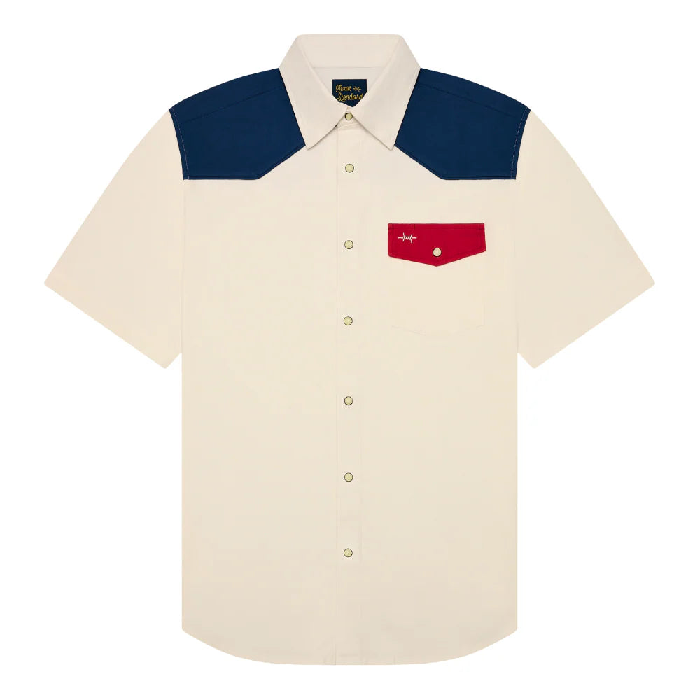 White short-sleeve shirt with blue yoke, pearl snaps, and red chest pocket
