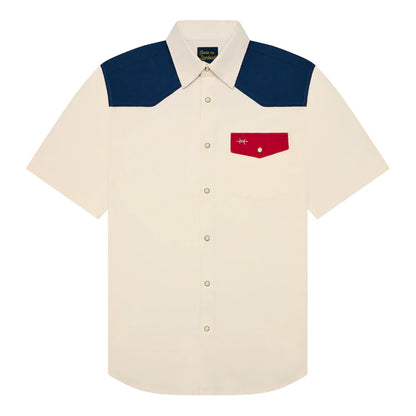 White short-sleeve shirt with blue yoke, pearl snaps, and red chest pocket
