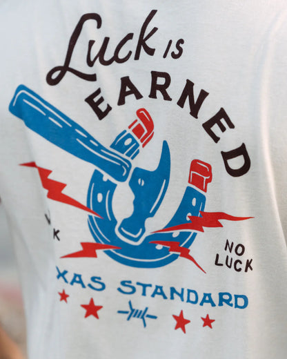 Heritage Printed Tee - No Work No Luck in white beige with vintage horseshoe art by TEXAS STANDARD