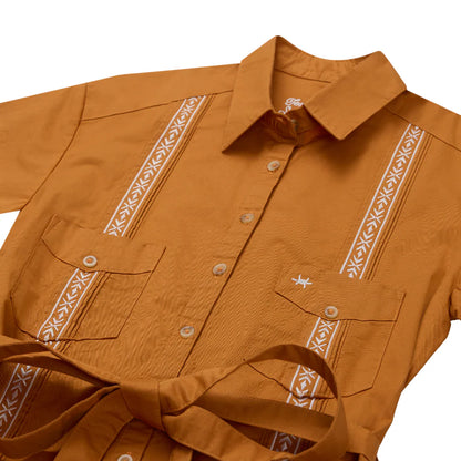 Tejas Guayabera Dress - Burnt Orange with embroidered vertical stripes and waist tie by TEXAS STANDARD