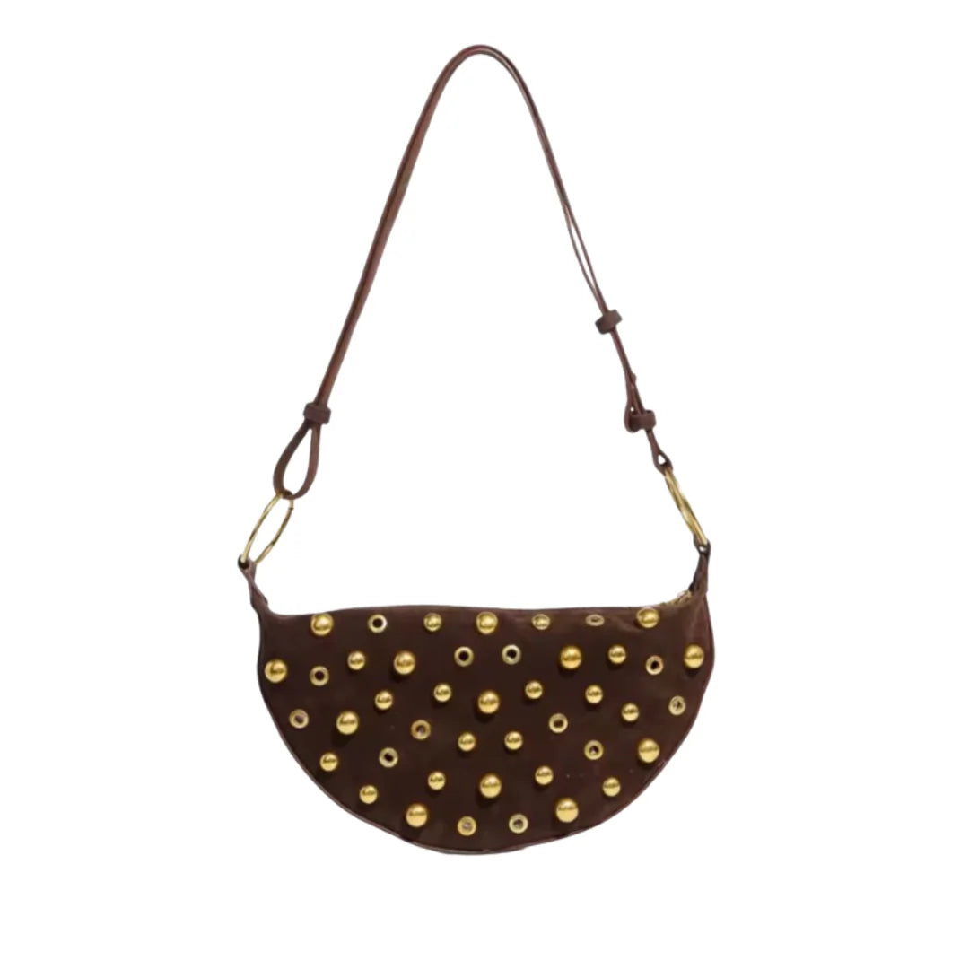 Maeve Studded Bag in dark brown with gold-tone eyelet studs and top shoulder straps