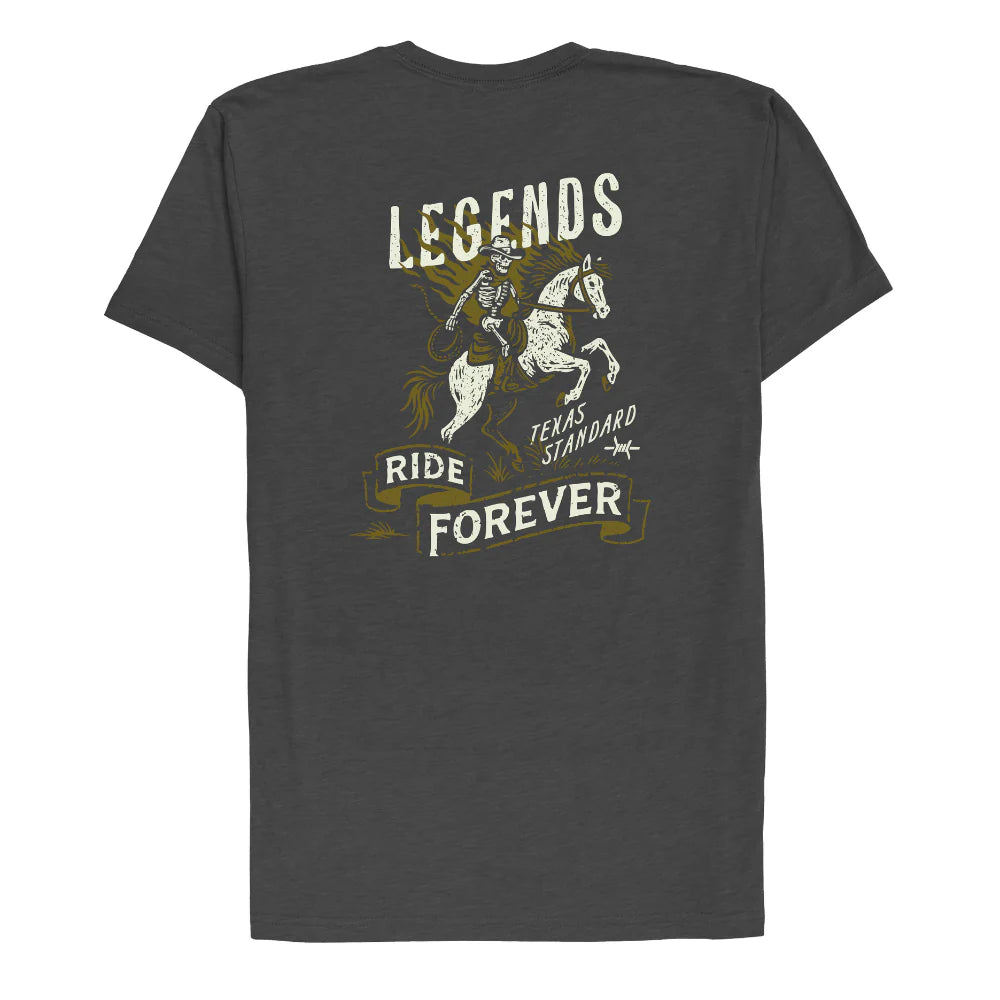 Heritage Printed Tee - Legends Ride Forever in gray blue with vintage Texas rider art by TEXAS STANDARD