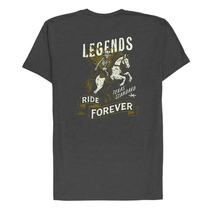 Heritage Printed Tee - Legends Ride Forever in gray blue with vintage Texas rider art by TEXAS STANDARD