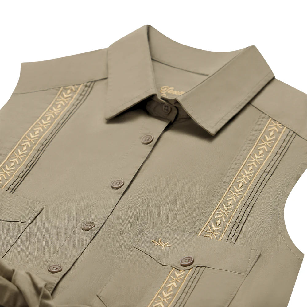 Tejas Guayabera Dress Midi Length in brown geometric beige cotton blend sleeveless by TEXAS STANDARD