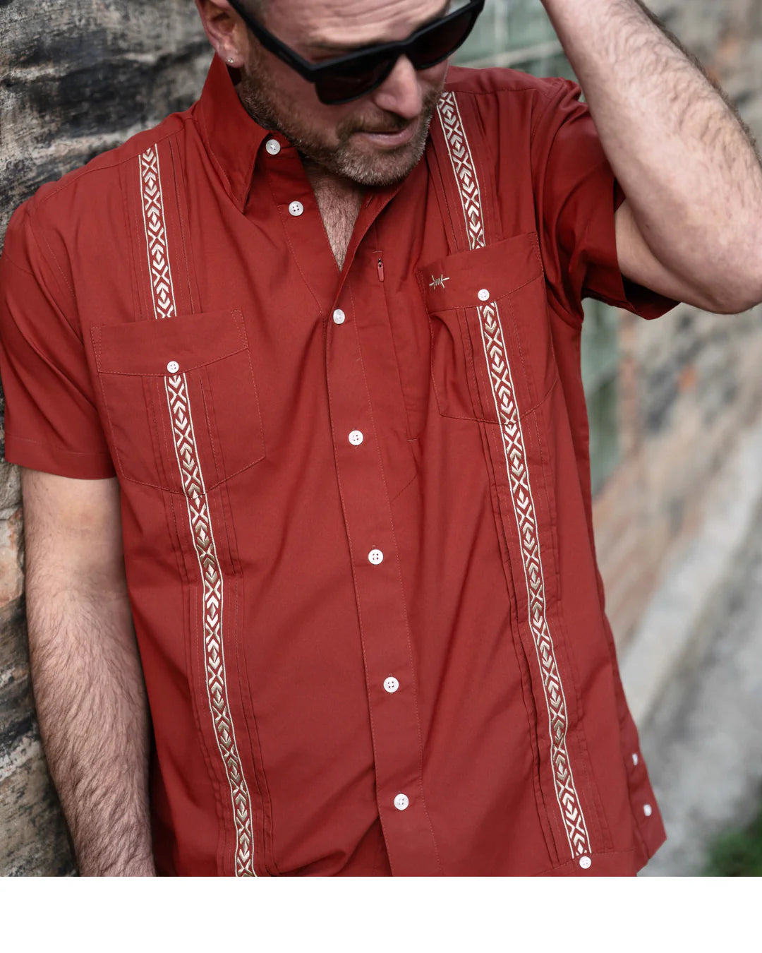 Guayabera Libre - Caprock Red short sleeve shirt with geometric trim by TEXAS STANDARD, boutique men's apparel
