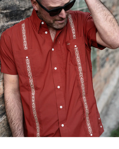 Guayabera Libre - Caprock Red short sleeve shirt with geometric trim by TEXAS STANDARD, boutique men's apparel