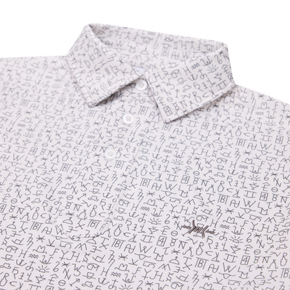 Traditional polo in ash, close-up of button placket and patterned fabric