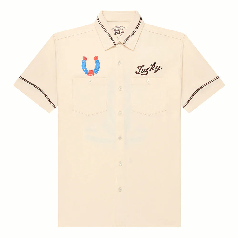 Drifter Shirt - Luck Is Earned beige short sleeve with horseshoe detail by TEXAS STANDARD