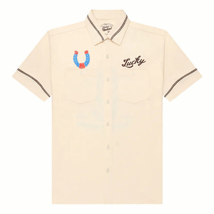 Drifter Shirt - Luck Is Earned beige short sleeve with horseshoe detail by TEXAS STANDARD