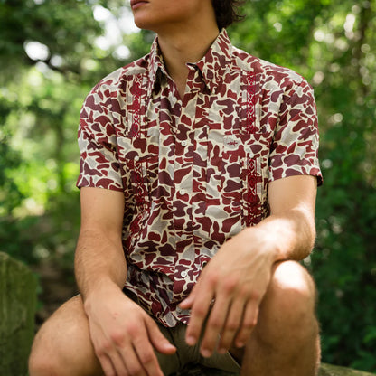 Guayabera Libre - Maroon Camo men's short sleeve shirt with moisture wicking by TEXAS STANDARD