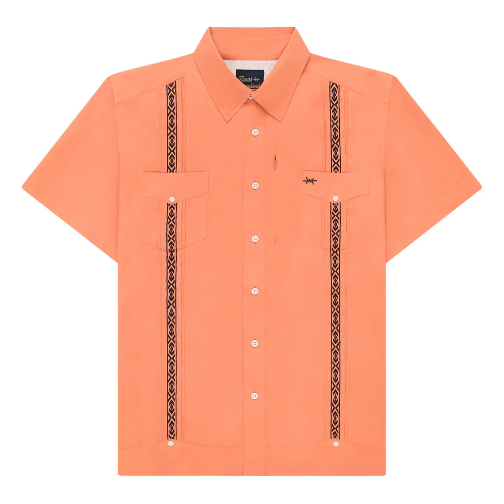 Guayabera Libre - Bahia Red orange geometric short sleeve with moisture wicking by TEXAS STANDARD