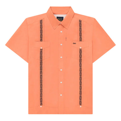 Guayabera Libre - Bahia Red orange geometric short sleeve with moisture wicking by TEXAS STANDARD