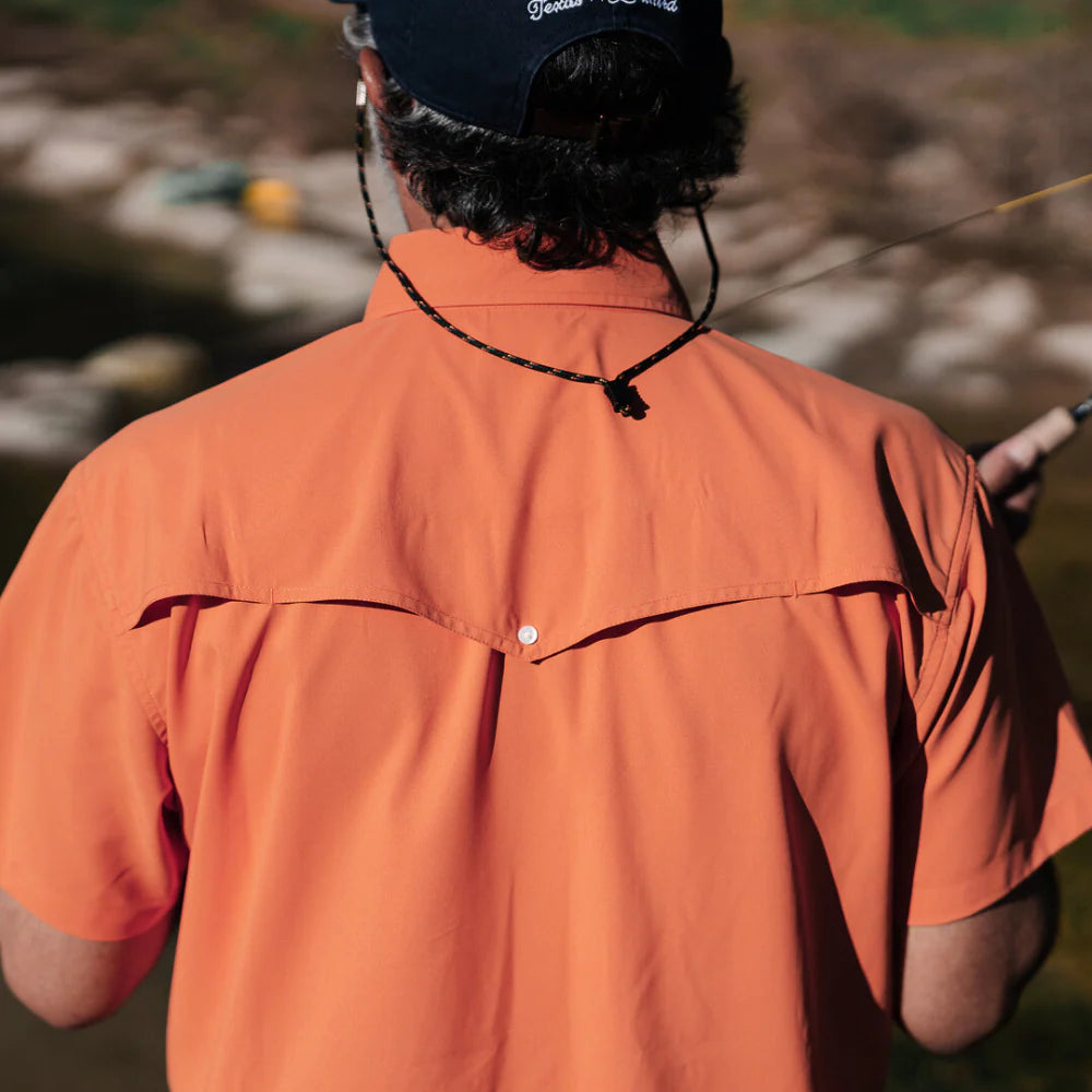 Guayabera Libre - Bahia Red orange geometric moisture-wicking fishing shirt by TEXAS STANDARD