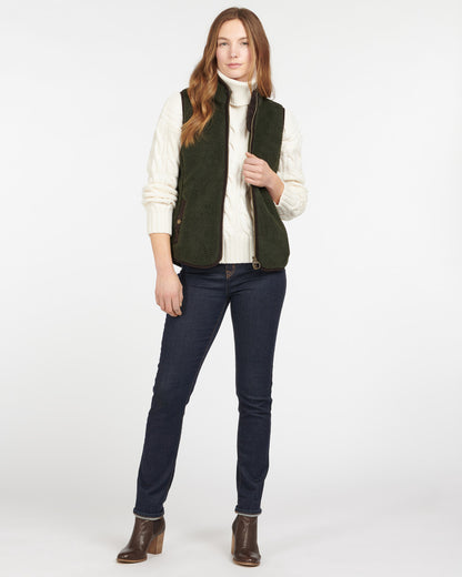 Burford Fleece sherpa vest in dark green with brown trim, cozy layering by BARBOUR INC.
