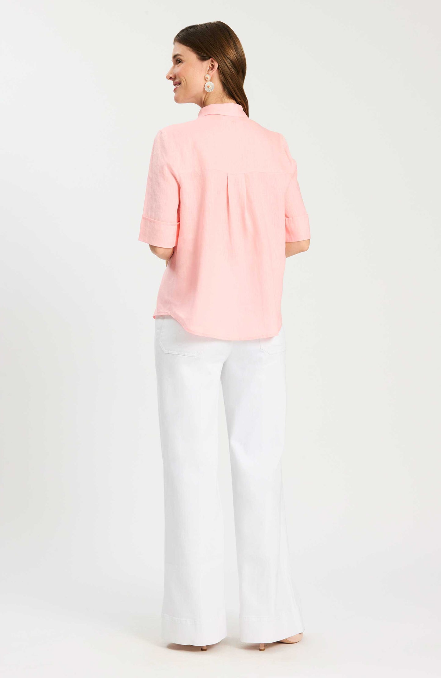 Tommy Linen Shirt in soft pink linen, breathable with classic collar, curated Fredericksburg boutique