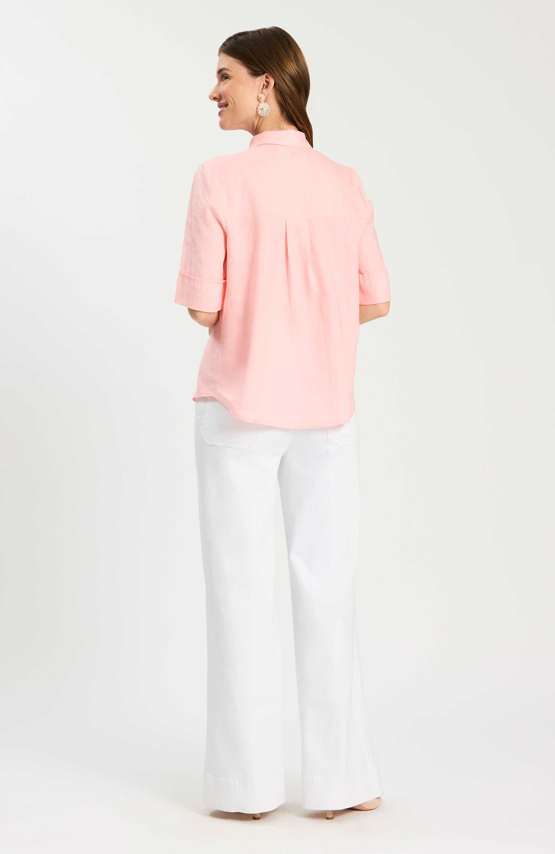 Tommy Linen Shirt in soft pink linen, breathable with classic collar, curated Fredericksburg boutique