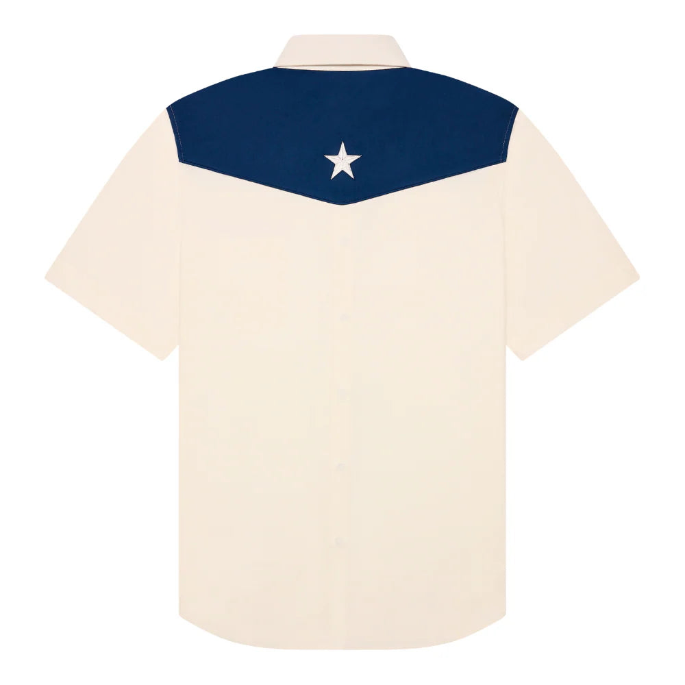 Back view: white short-sleeve shirt with blue yoke featuring a white star