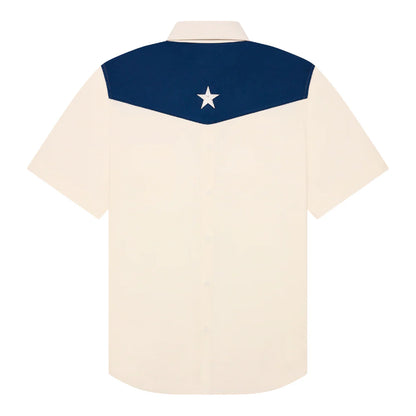 Back view: white short-sleeve shirt with blue yoke featuring a white star