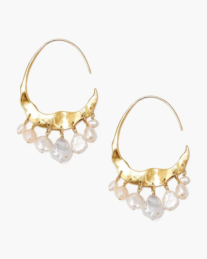 Crescent White Pearl and Gold Hoop Earrings