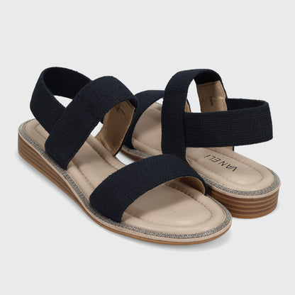 Bordy - Navy Linelast elastic-strap sandals with chain-trim welt and 1-inch wedge heel by VANELI