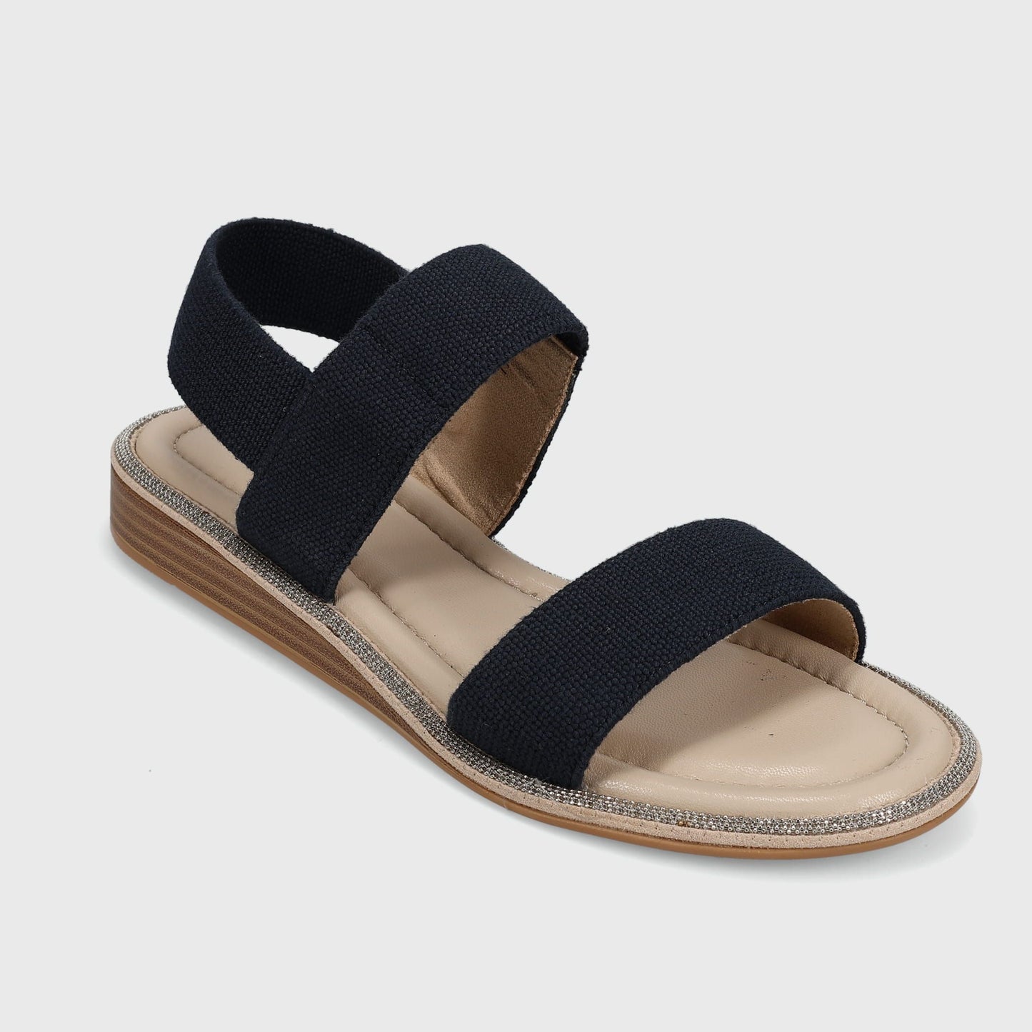 Bordy - Navy Linelast elastic sandal with padded insole, chain-trim welt, and 1-inch wedge heel