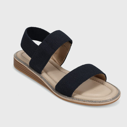 Bordy - Navy Linelast elastic sandal with padded insole, chain-trim welt, and 1-inch wedge heel