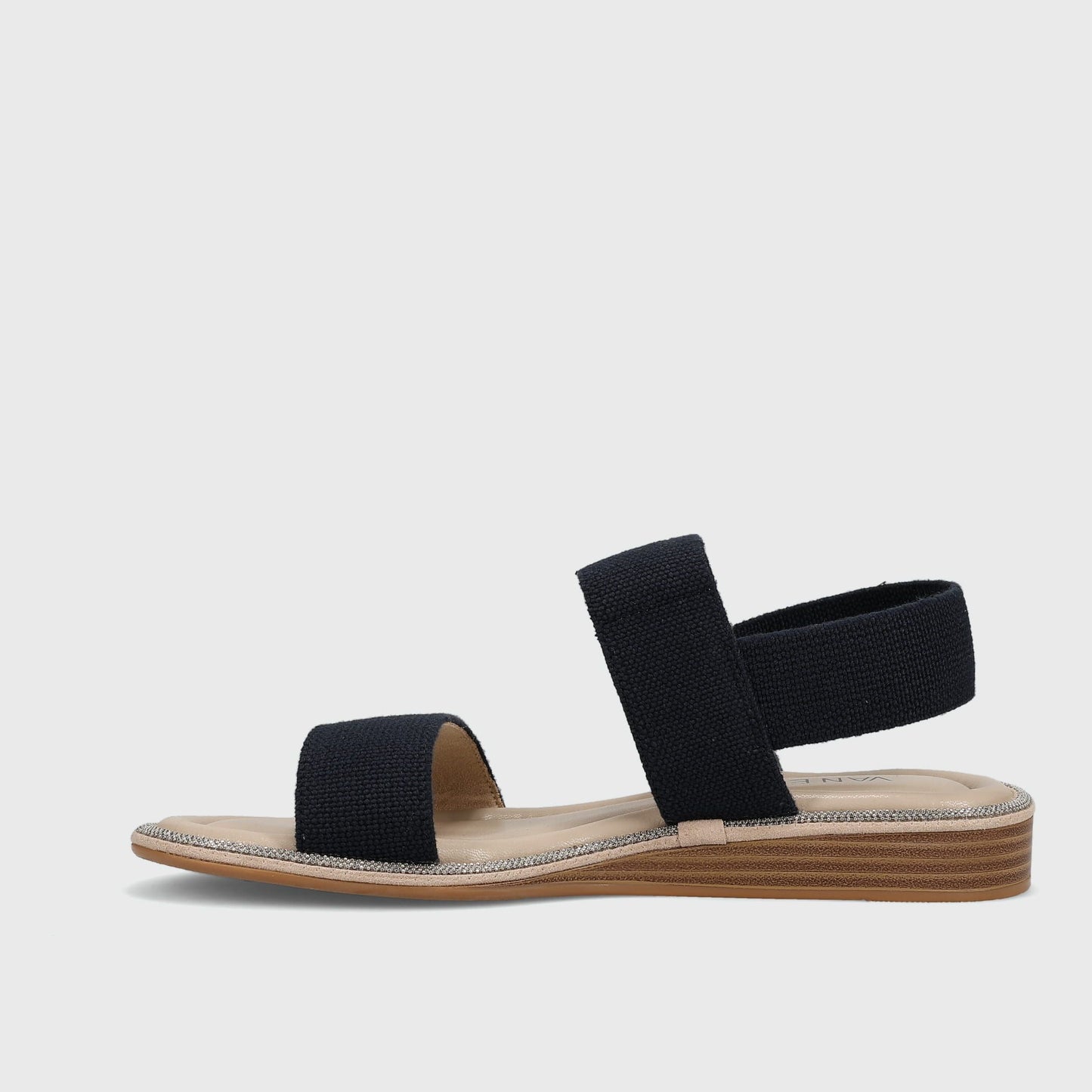 Bordy - Navy Linelast elastic strap sandal with padded insole and 1-inch stacked wedge heel by VANELI
