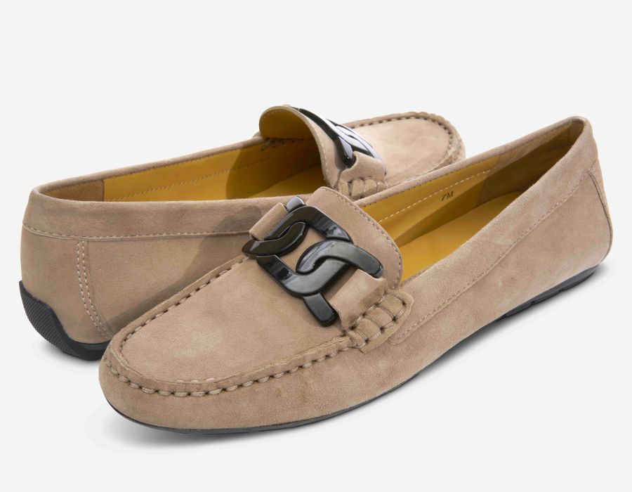 Aiker - Taupe beige suede moccasin with black chain detail and rubber sole by VANELI