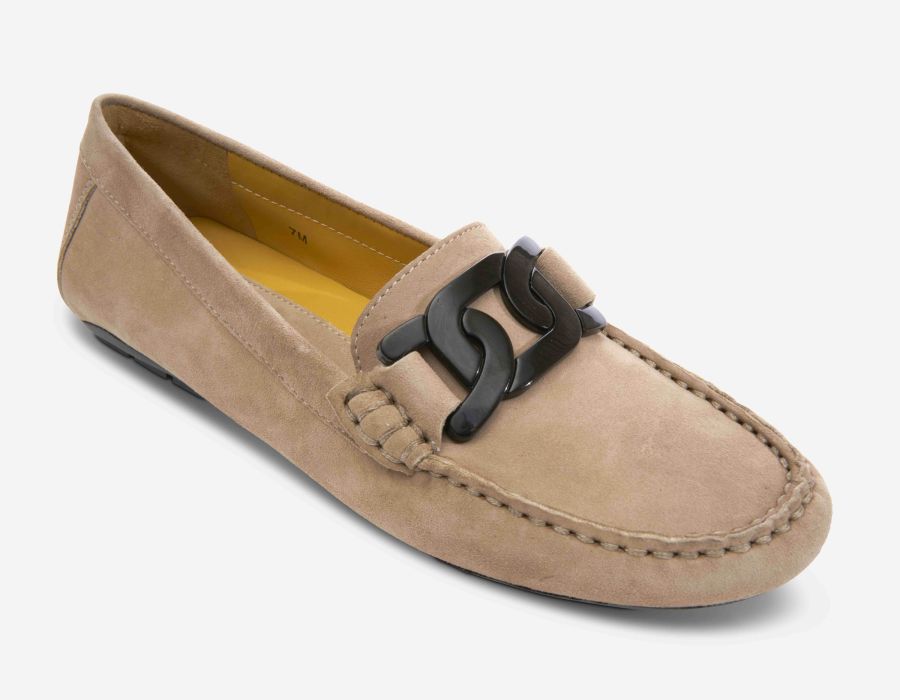 Aiker - Taupe beige suede moccasin with black chain accent and rubber sole by VANELI