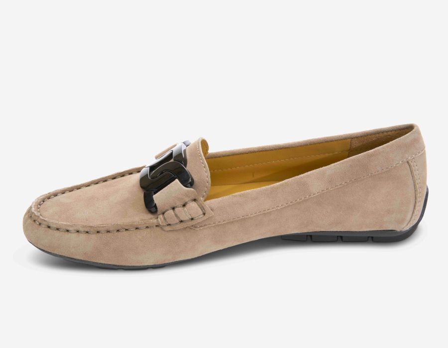 Aiker - Taupe beige glove leather moccasin with chain accent, padded insole, rubber sole by VANELI