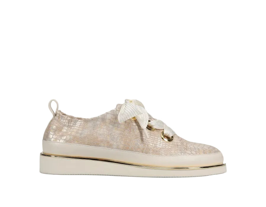 Quenda - Champagne Boro Print beige lace-up athleisure shoe with oversized laces VANELI