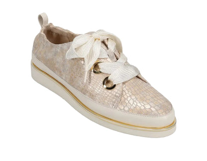 Quenda - Champagne Boro Print beige lace-up athleisure shoe with oversized laces VANELI