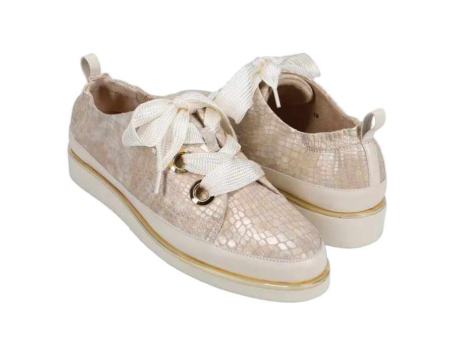 Quenda - Champagne Boro Print lace-up beige athleisure shoe with oversized laces VANELI